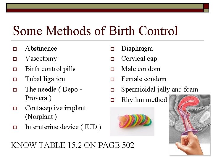 Some Methods of Birth Control o o o o Abstinence Vasectomy Birth control pills