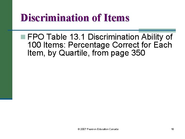 Discrimination of Items n FPO Table 13. 1 Discrimination Ability of 100 Items: Percentage