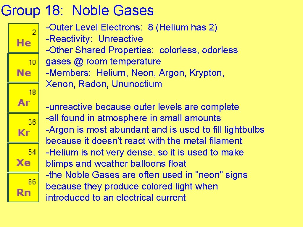 Group 18: Noble Gases -Outer Level Electrons: 8 (Helium has 2) -Reactivity: Unreactive -Other