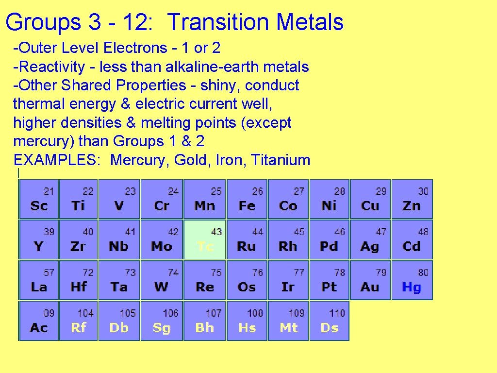 Groups 3 - 12: Transition Metals -Outer Level Electrons - 1 or 2 -Reactivity