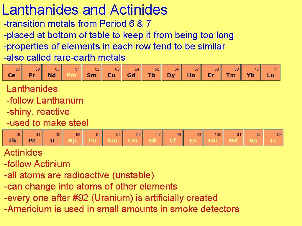 Lanthanides and Actinides -transition metals from Period 6 & 7 -placed at bottom of