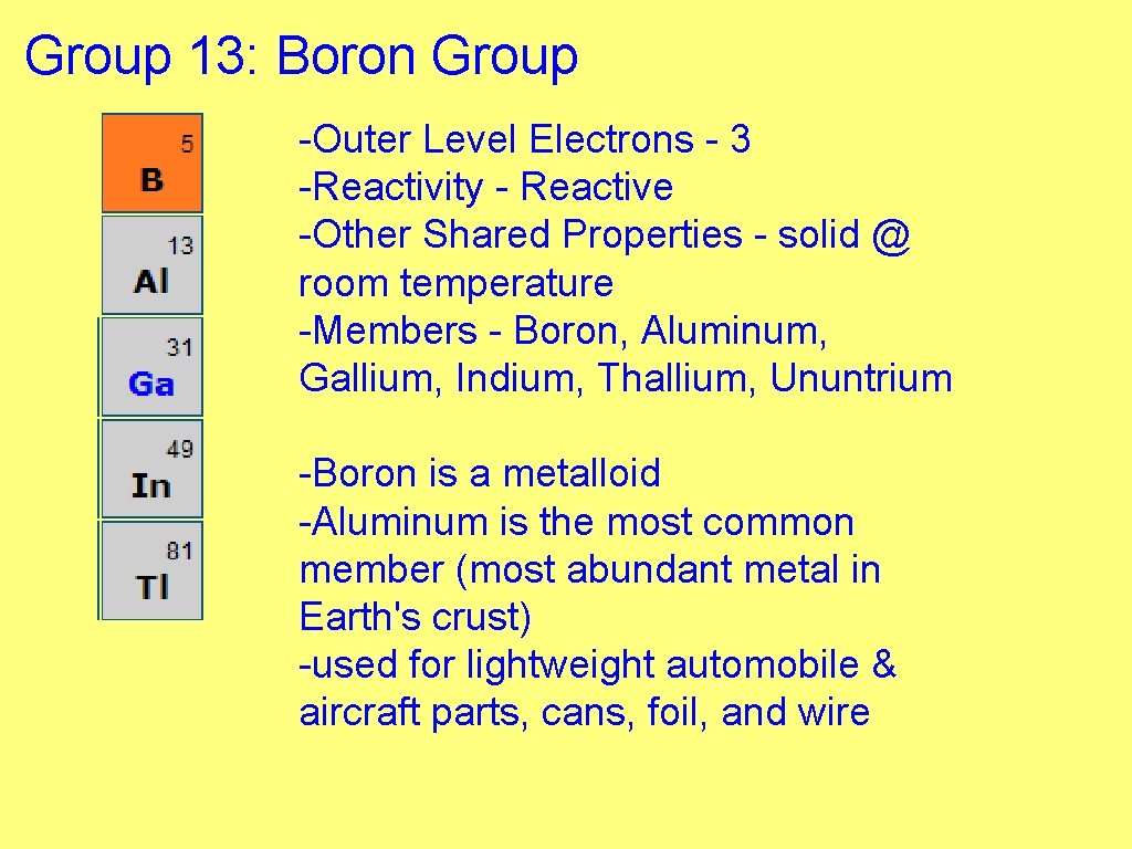 Group 13: Boron Group -Outer Level Electrons - 3 -Reactivity - Reactive -Other Shared