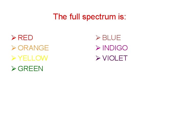 The full spectrum is: THE VISIBLE SPECTRUM Ø RED Ø ORANGE Ø YELLOW Ø