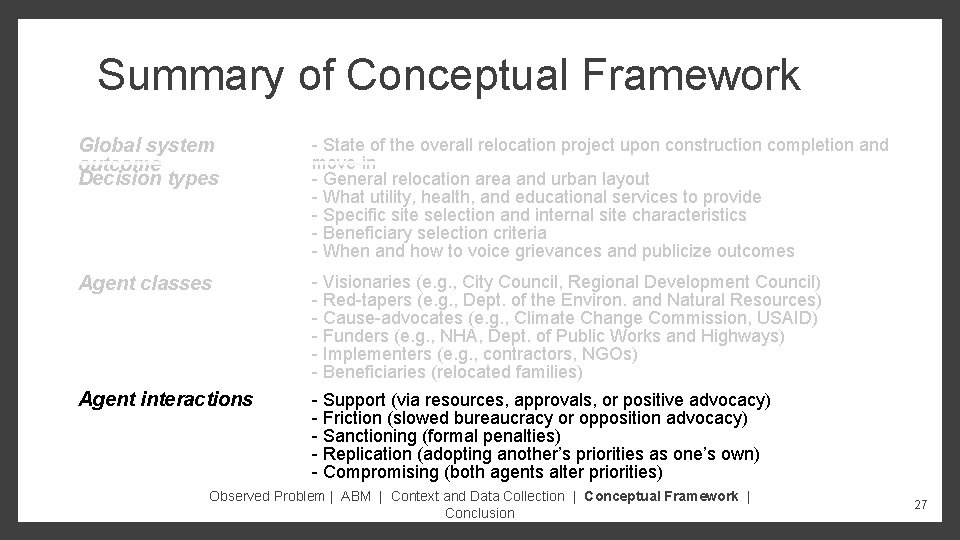 Summary of Conceptual Framework Global system outcome Decision types - State of the overall