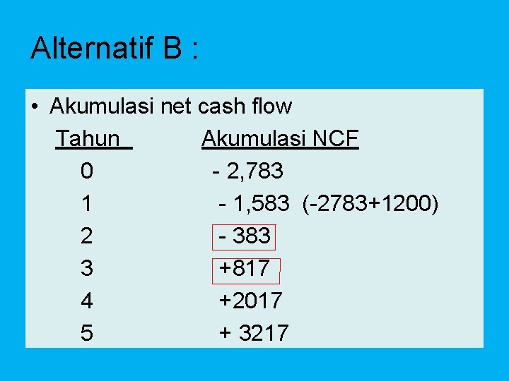 Alternatif B : • Akumulasi net cash flow Tahun Akumulasi NCF 0 - 2,