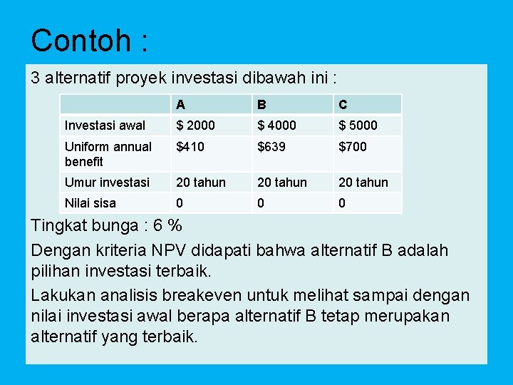 Contoh : 3 alternatif proyek investasi dibawah ini : A B C Investasi awal