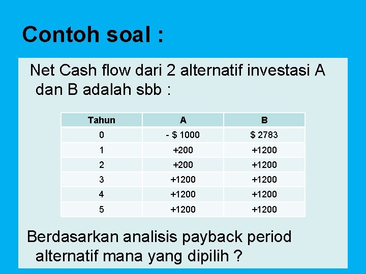 Contoh soal : Net Cash flow dari 2 alternatif investasi A dan B adalah