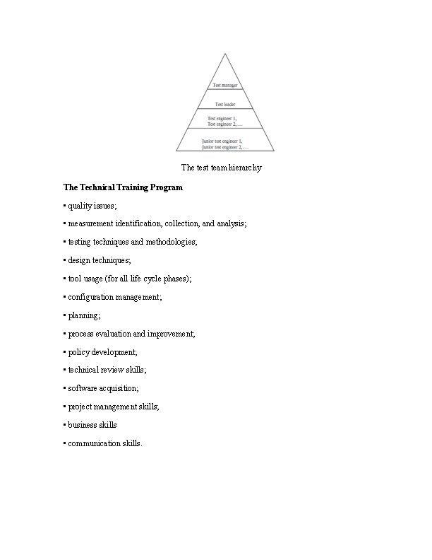 The test team hierarchy The Technical Training Program • quality issues; • measurement identification,