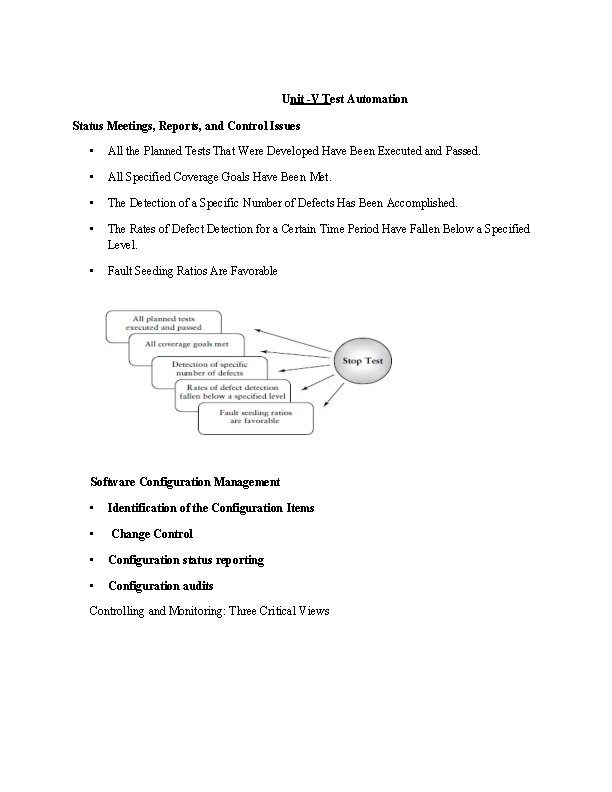 Unit -V Test Automation Status Meetings, Reports, and Control Issues • All the Planned