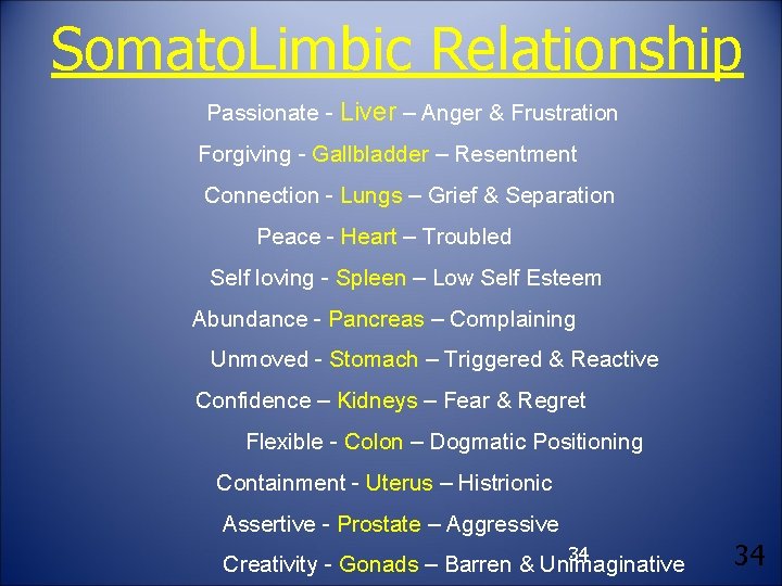 Somato. Limbic Relationship Passionate - Liver – Anger & Frustration Forgiving - Gallbladder –