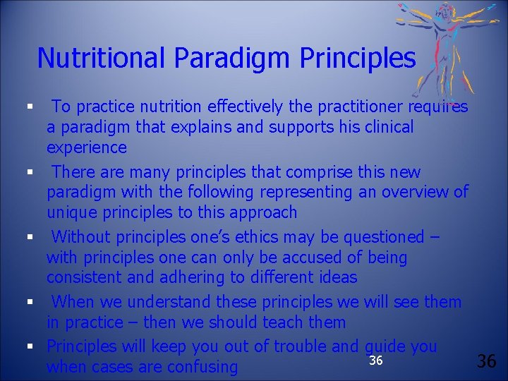 Nutritional Paradigm Principles § § § To practice nutrition effectively the practitioner requires a