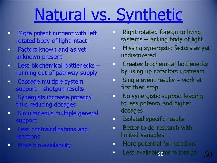 Natural vs. Synthetic § § § § More potent nutrient with left rotated body