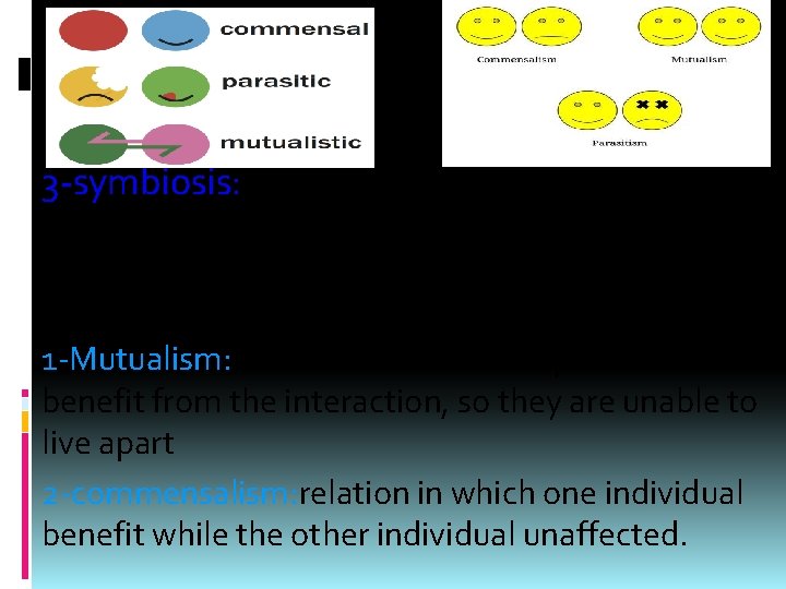 3 -symbiosis: refers to any association close relationship between two different individuals , it
