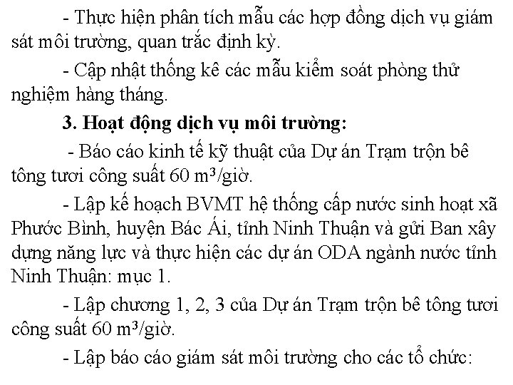 - Thực hiện phân tích mẫu các hợp đồng dịch vụ giám sát môi - Thực hiện phân tích mẫu các hợp đồng dịch vụ giám sát môi
