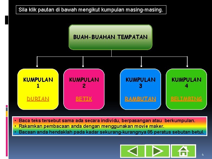 Sila klik pautan di bawah mengikut kumpulan masing-masing. BUAH-BUAHAN TEMPATAN KUMPULAN 1 KUMPULAN 2