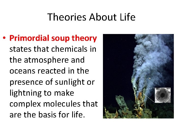 Theories About Life • Primordial soup theory states that chemicals in the atmosphere and