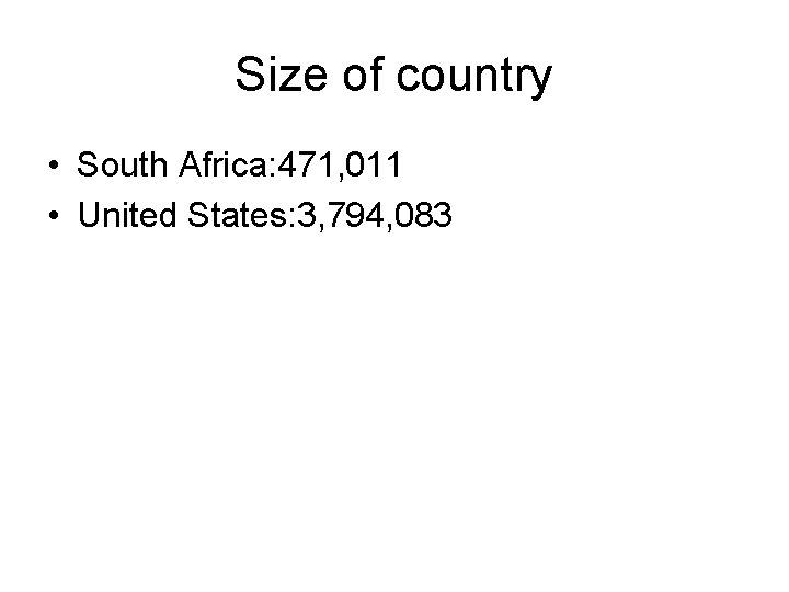 Size of country • South Africa: 471, 011 • United States: 3, 794, 083