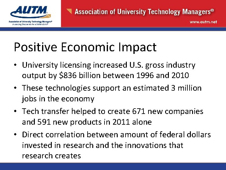 Positive Economic Impact • University licensing increased U. S. gross industry output by $836