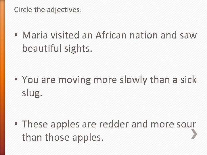 Circle the adjectives: • Maria visited an African nation and saw beautiful sights. •