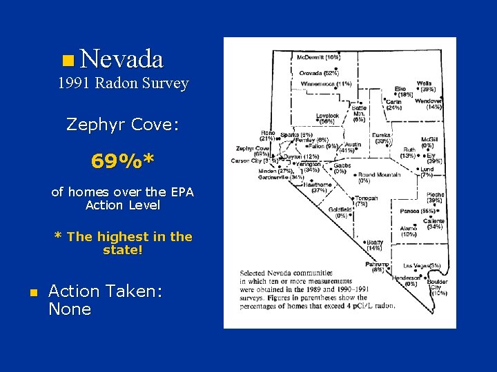 n Nevada 1991 Radon Survey Zephyr Cove: 69%* of homes over the EPA Action