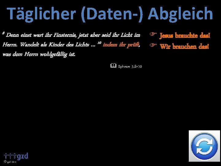 Täglicher (Daten-) Abgleich 8 Denn einst wart ihr Finsternis, jetzt aber seid ihr Licht