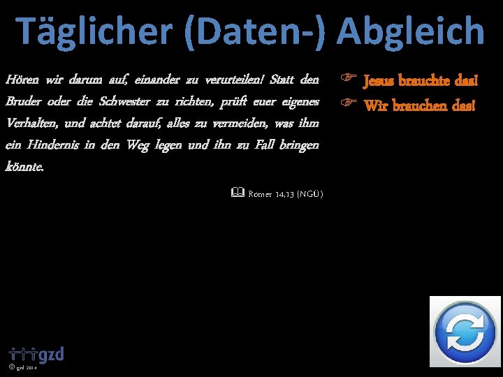 Täglicher (Daten-) Abgleich Hören wir darum auf, einander zu verurteilen! Statt den Bruder oder