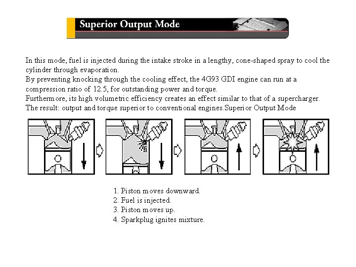 In this mode, fuel is injected during the intake stroke in a lengthy, cone-shaped