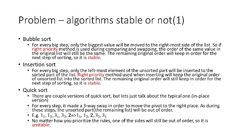 Problem – algorithms stable or not(1) • Problem – algorithms stable or not(1) •