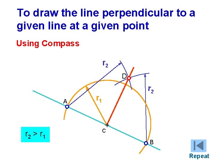 To draw the line perpendicular to a given line at a given point Using