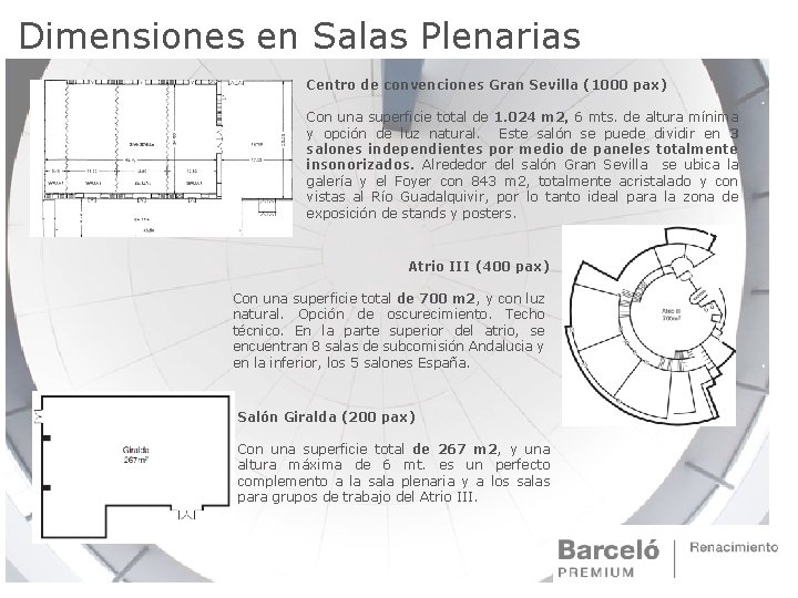 Dimensiones en Salas Plenarias Centro de convenciones Gran Sevilla (1000 pax) Con una superficie