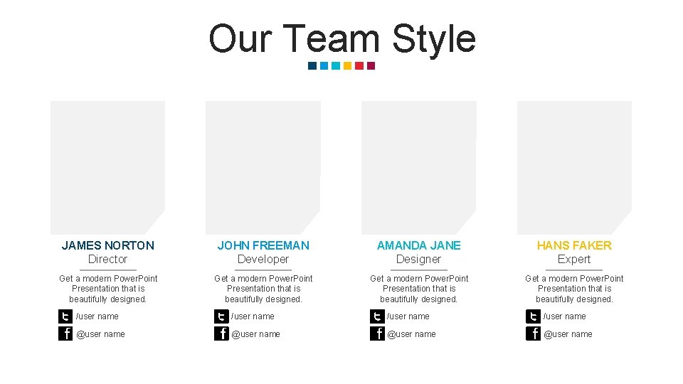 Our Team Style JAMES NORTON Director JOHN FREEMAN Developer AMANDA JANE Designer HANS FAKER