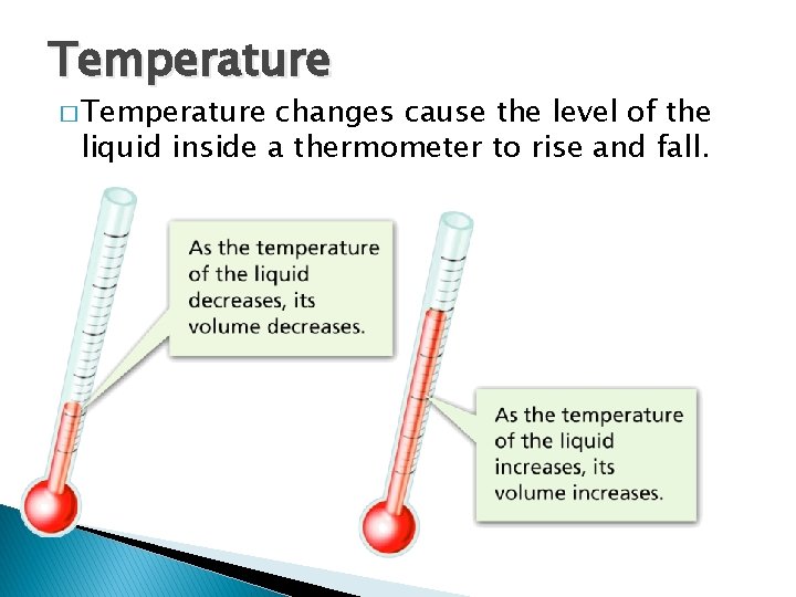 Temperature � Temperature, Thermal Energy and Heat changes cause the level of the liquid