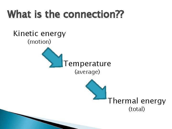 What is the connection? ? Kinetic energy (motion) Temperature (average) Thermal energy (total) 