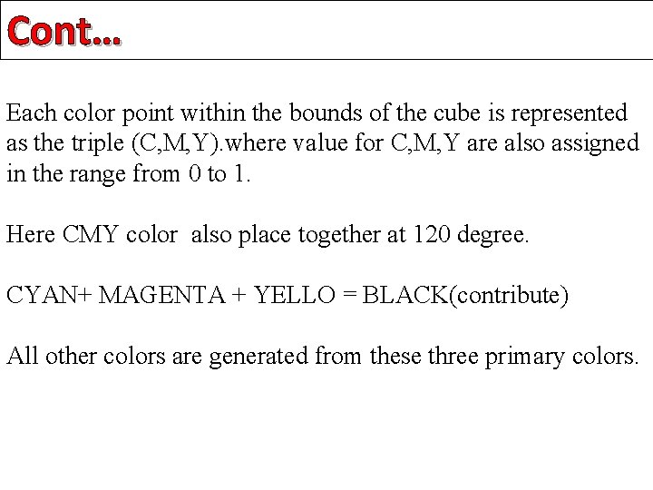 Cont… Each color point within the bounds of the cube is represented as the