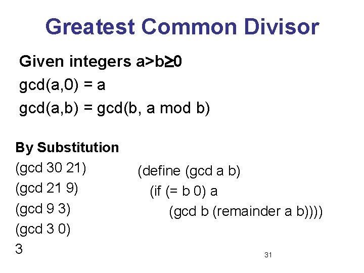 Greatest Common Divisor Given integers a>b 0 gcd(a, 0) = a gcd(a, b) =