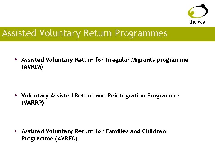 Choices Assisted Voluntary Return Programmes • Assisted Voluntary Return for Irregular Migrants programme (AVRIM)