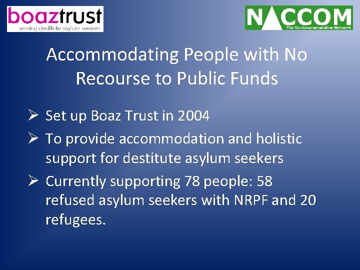 Accommodating People with No Recourse to Public Funds Ø Set up Boaz Trust in