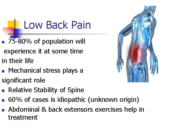 Low Back Pain 75 -80% of population will experience it at some time in