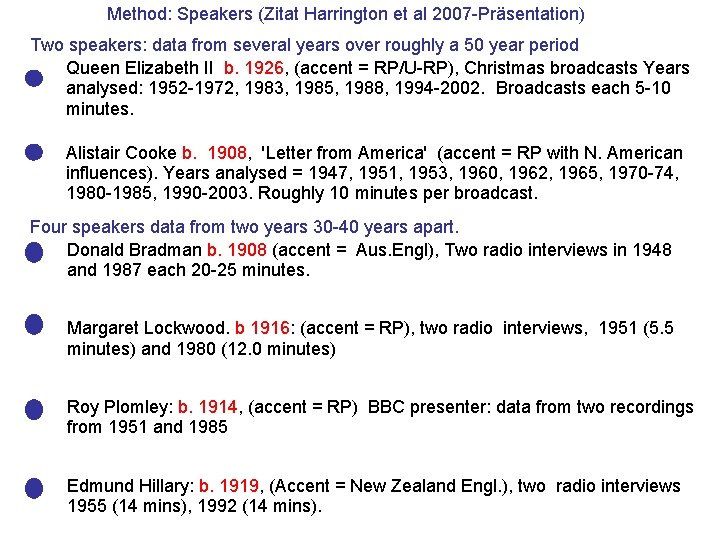Method: Speakers (Zitat Harrington et al 2007 -Präsentation) Two speakers: data from several years