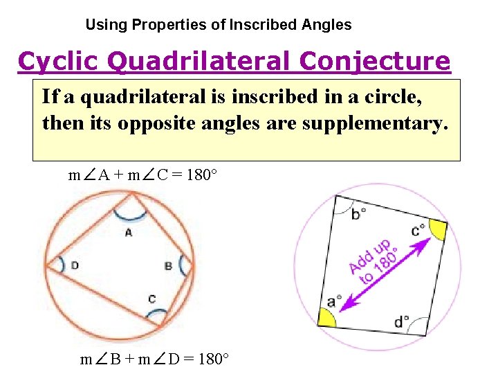 Using Properties of Inscribed Angles Cyclic Quadrilateral Conjecture If a quadrilateral is inscribed in Using Properties of Inscribed Angles Cyclic Quadrilateral Conjecture If a quadrilateral is inscribed in