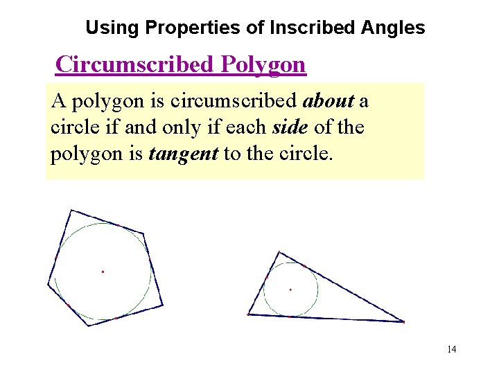 Using Properties of Inscribed Angles Circumscribed Polygon A polygon is circumscribed about a circle Using Properties of Inscribed Angles Circumscribed Polygon A polygon is circumscribed about a circle
