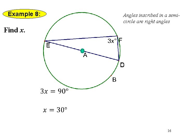 Example 8: Angles inscribed in a semicircle are right angles Find x. 16 Example 8: Angles inscribed in a semicircle are right angles Find x. 16