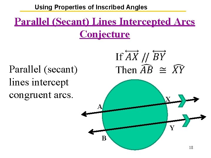 Using Properties of Inscribed Angles Parallel (Secant) Lines Intercepted Arcs Conjecture Parallel (secant) lines Using Properties of Inscribed Angles Parallel (Secant) Lines Intercepted Arcs Conjecture Parallel (secant) lines