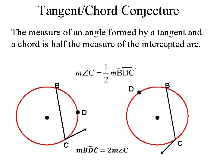 Tangent/Chord Conjecture The measure of an angle formed by a tangent and a chord Tangent/Chord Conjecture The measure of an angle formed by a tangent and a chord