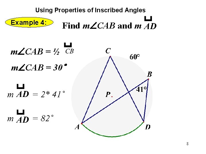 Using Properties of Inscribed Angles Example 4: Find m CAB and m m CAB Using Properties of Inscribed Angles Example 4: Find m CAB and m m CAB
