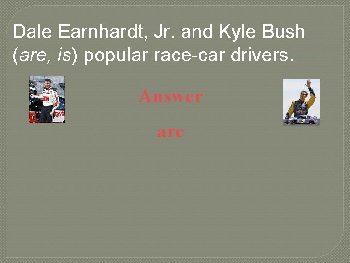 Dale Earnhardt, Jr. and Kyle Bush (are, is) popular race-car drivers. Answer are 
