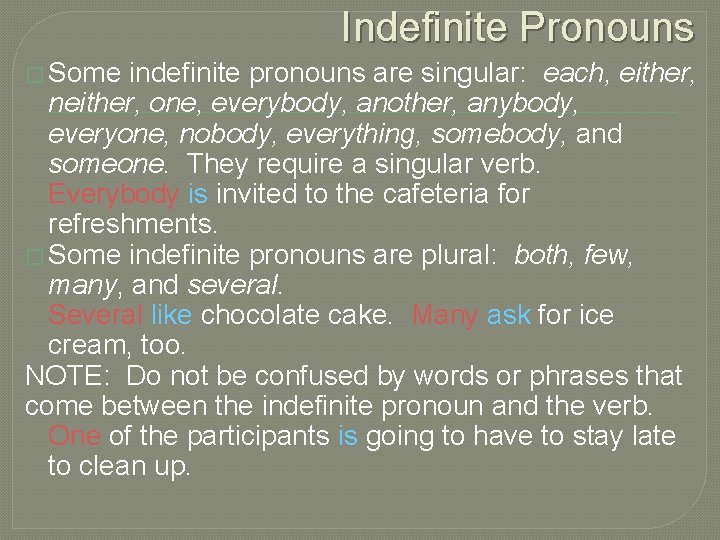 Indefinite Pronouns � Some indefinite pronouns are singular: each, either, neither, one, everybody, another,