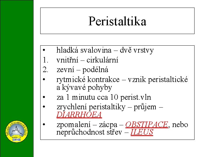 Peristaltika • 1. 2. • • hladká svalovina – dvě vrstvy vnitřní – cirkulární