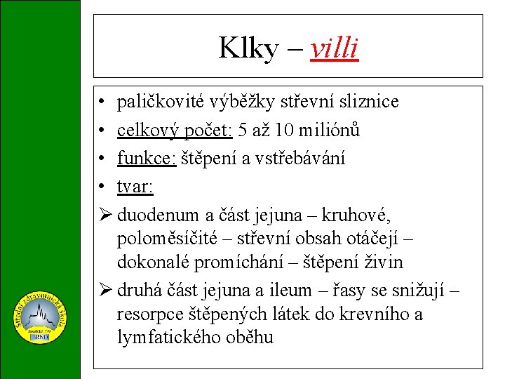 Klky – villi • paličkovité výběžky střevní sliznice • celkový počet: 5 až 10