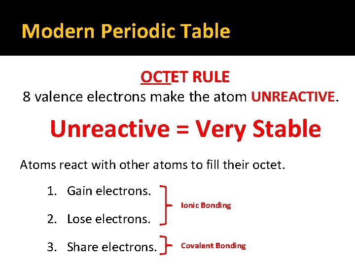 Modern Periodic Table OCTET RULE 8 valence electrons make the atom UNREACTIVE. Unreactive = Modern Periodic Table OCTET RULE 8 valence electrons make the atom UNREACTIVE. Unreactive =
